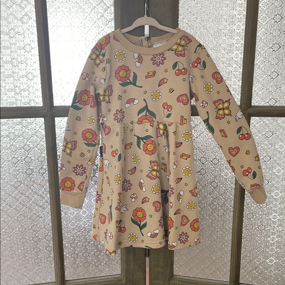 Dot Australia Girl’s Tan Dress with Fun Flower, Hearts & Butterfly Print, Size 7